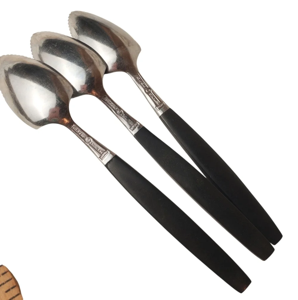 Set of Three MCM Black and Silver Grapefruit Spoons. Made In Japan.